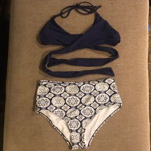 Navy & white high-waisted bikini